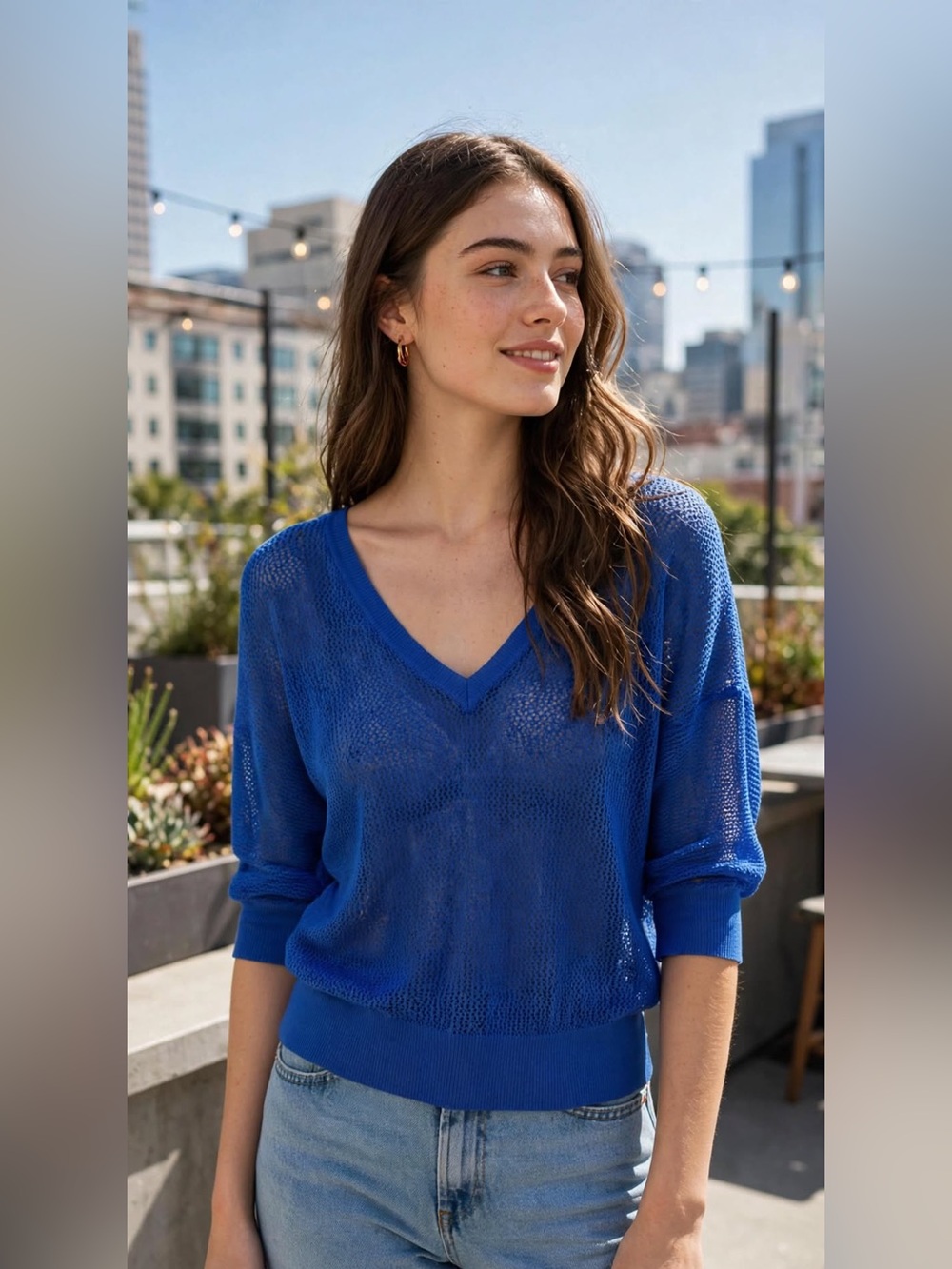 Express Bright Blue SOHO V-Neck Lightweight Mesh Blouse - Medium